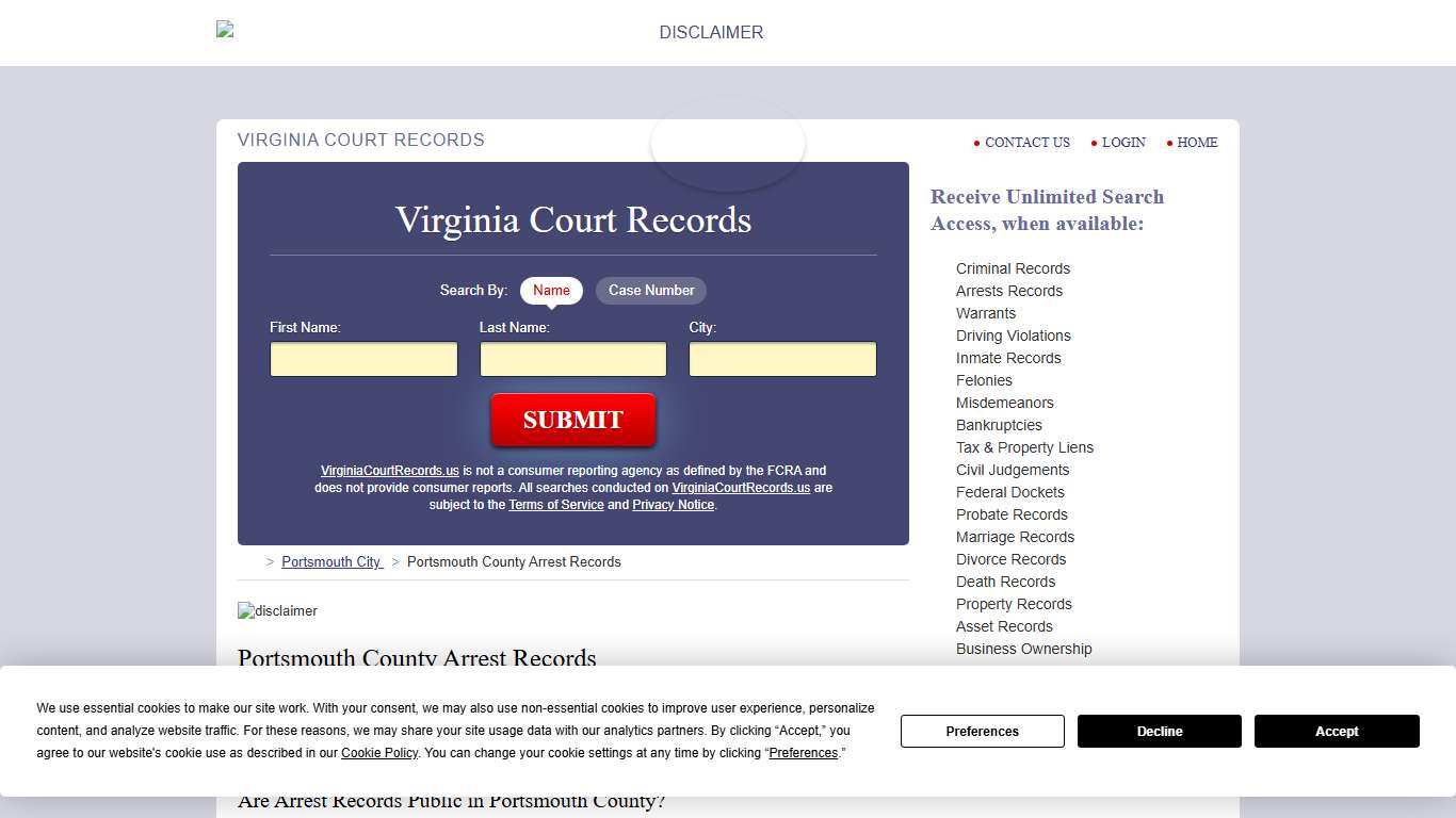 Portsmouth County Arrest Records VirginiaCourtRecords.us
